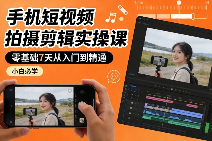 手机短视频拍摄剪辑实操课，零基础7天从入门到精通，小白必学-时光云网创