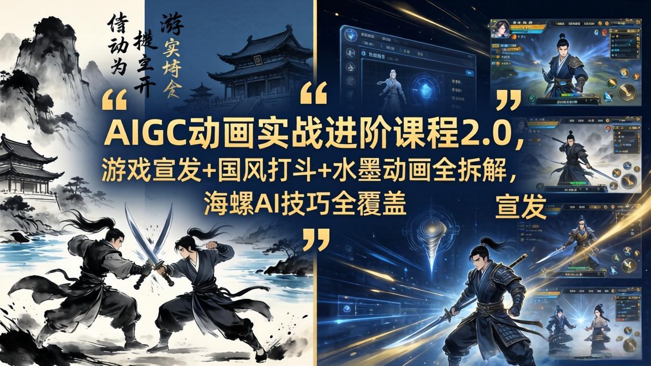 AIGC动画实战进阶课程2.0，游戏宣发+国风打斗+水墨动画全拆解，海螺AI技巧全覆盖-时光云网创