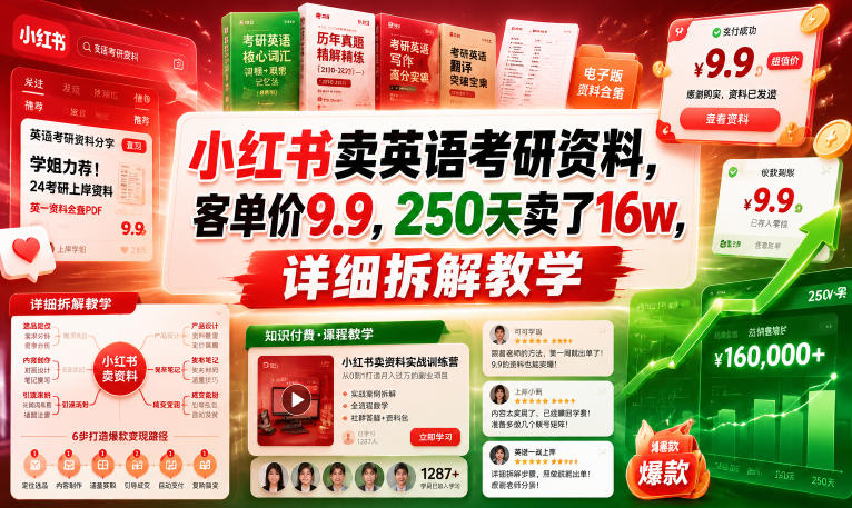 小红书卖英语考研资料，客单价9.9，250天卖了16w，详细拆解教学-时光云网创