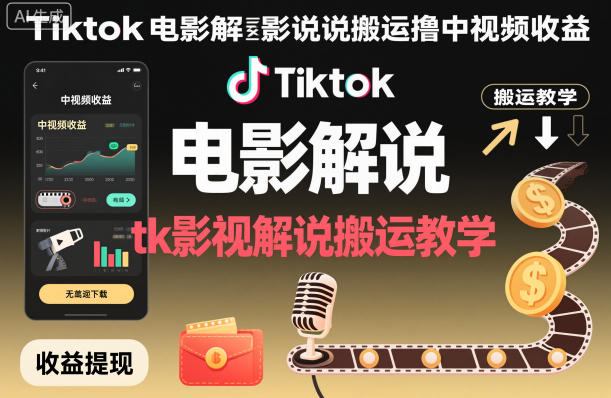 Tiktok电影解说搬运撸中视频收益,tk影视解说搬运教学-时光云网创
