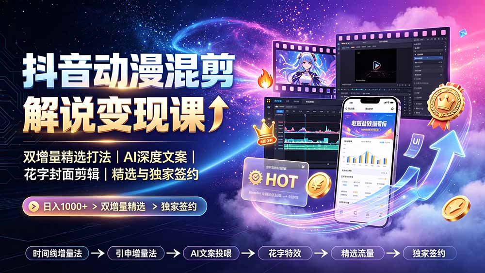 抖音动漫混剪解说变现课：双增量精选打法｜AI深度文案｜花字封面剪辑｜ 精选与独家签约日入1000+-时光云网创