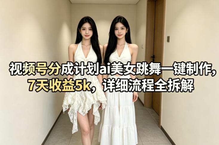 视频号分成计划ai美女跳舞一键制作，7天收益5k，详细流程全拆解-时光云网创
