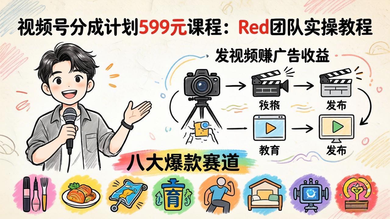视频号分成计划599元课程：Red团队实操教程，发视频赚广告收益，八大爆款赛道全掌握-时光云网创