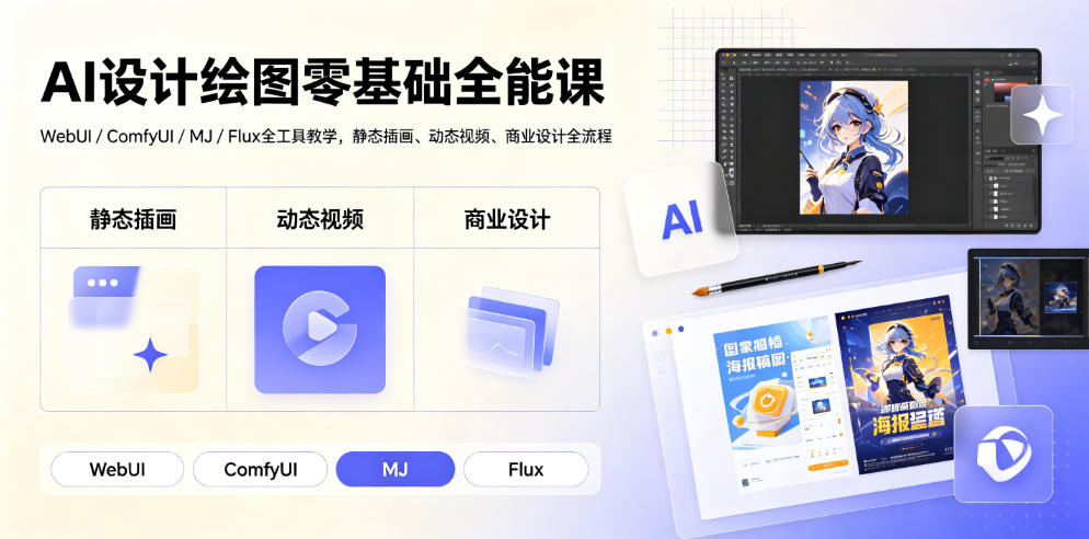 AI设计绘图零基础全能课｜WebUI/ComfyUI/MJ/Flux全工具教学，静态插画、动态视频、商业设计全流程-时光云网创
