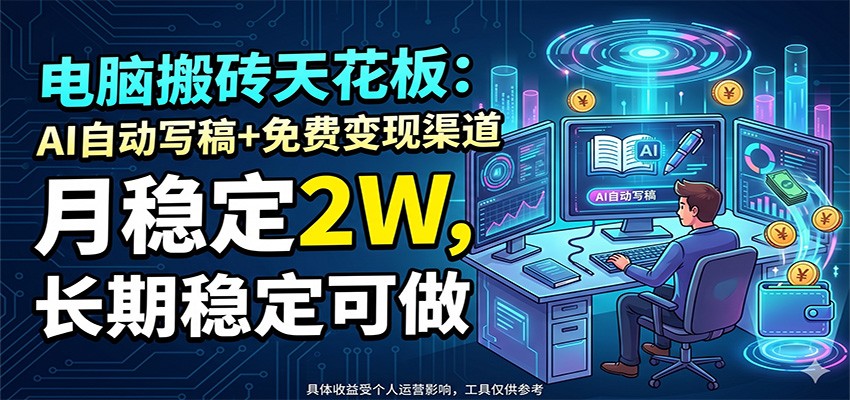 电脑搬砖天花板：AI自动写稿+免费变现渠道，月稳定2W，长期稳定可做-时光云网创