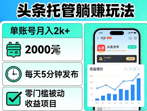 头条托管躺賺玩法，单账号月入2k+，每天5分钟发布即可，零门槛被动收益项目【揭秘】-时光云网创