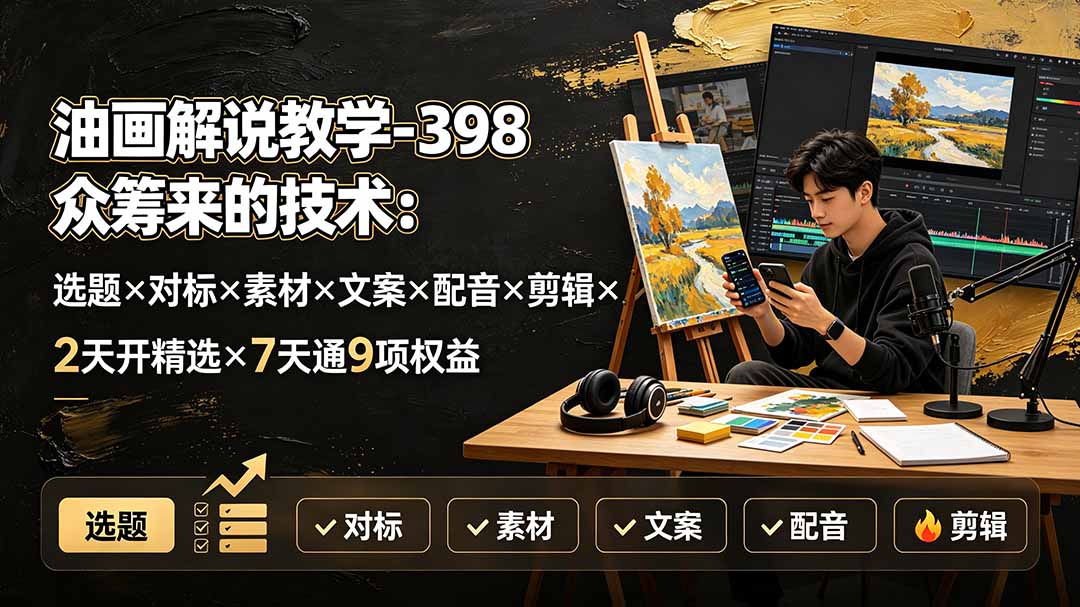 油画解说教学-398众筹来的技术：选题×对标×素材×文案×配音×剪辑×2天开精选×7天通9项权益-时光云网创