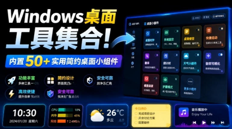 Windows桌面工具集合！内置50+实用简约桌面小组件，含截图、录屏、翻译、天气等，多秘工具箱-时光云网创