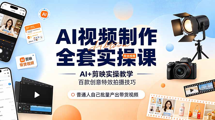 AI视频制作全套实操课，多款AI工具搭配剪映教学，百种特效运镜拍摄实操，抖音账号带货运营全覆盖-时光云网创
