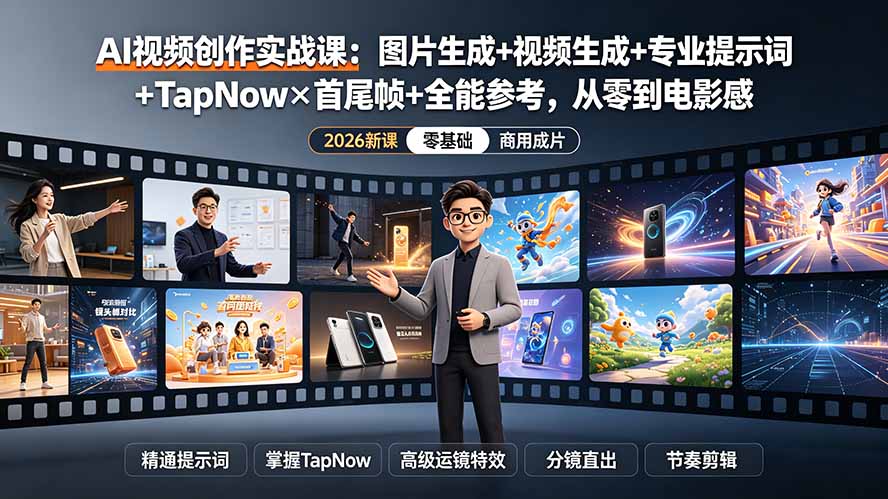 AI视频创作实战课：图片生成+视频生成+专业提示词+TapNow×首尾帧+全能参考，从零到电影感成片-时光云网创
