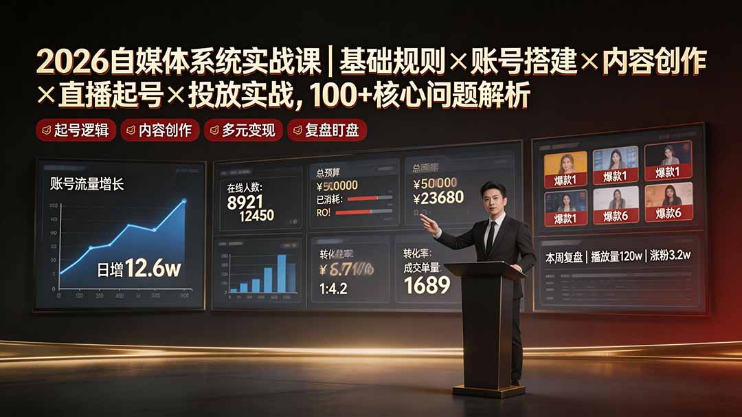 2026自媒体系统实战课｜基础规则×账号搭建×内容创作×直播起号×投放实战，100+核心问题解析-时光云网创