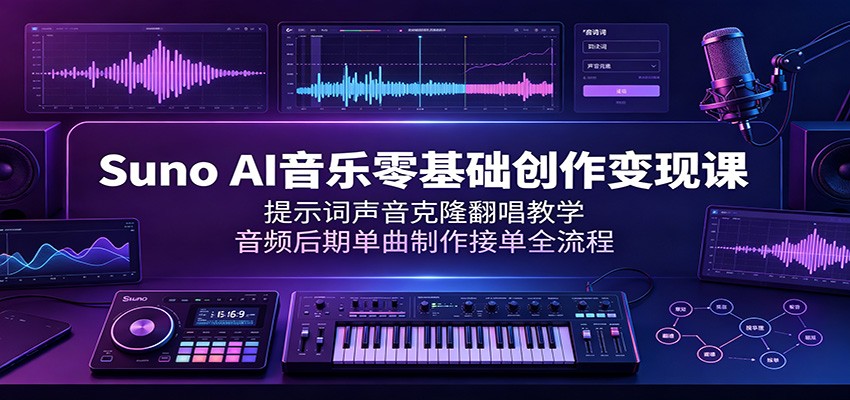 Suno AI音乐零基础创作变现课：提示词声音克隆翻唱教学，音频后期单曲制作接单全流程-时光云网创