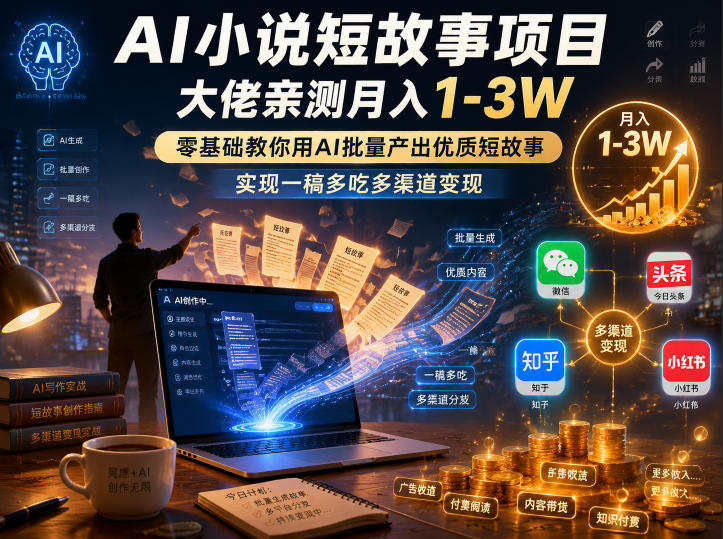 AI小说短故事项目，大佬亲测月入1-3W，零基础教你用AI批量产出优质短故事，实现一稿多吃多渠道变现-时光云网创