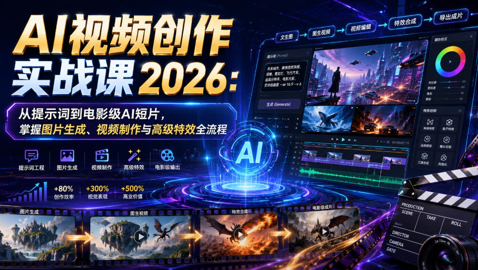 AI视频创作实战课2026：从提示词到电影级AI短片，掌握图片生成、视频制作与高级特效全流程-时光云网创