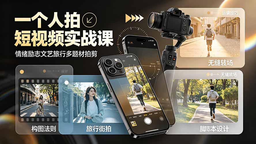一个人拍短视频实战课：情绪励志文艺旅行多题材×五大景别×黄金构图×八大运镜，从拍摄到成片高效创作-时光云网创