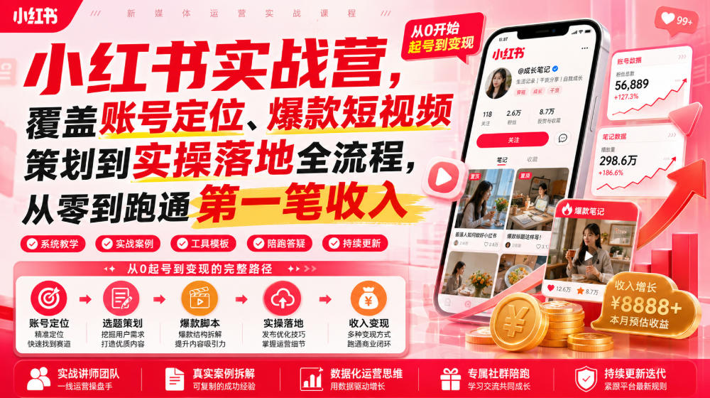 小红书实战营，覆盖账号定位、爆款短视频策划到实操落地全流程，从零到跑通第一笔收入-时光云网创