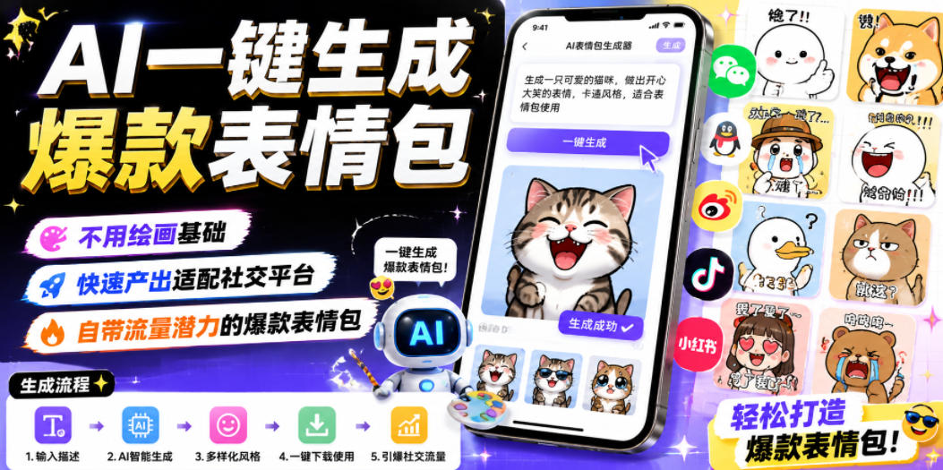 AI一键生成爆款表情包,不用绘画基础,快速产出适配社交平台,自带流量潜力的爆款表情包-时光云网创