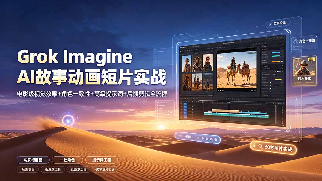Grok Imagine AI故事动画短片实战：电影级视觉效果+角色一致性+高级提示词+后期剪辑全流程-时光云网创