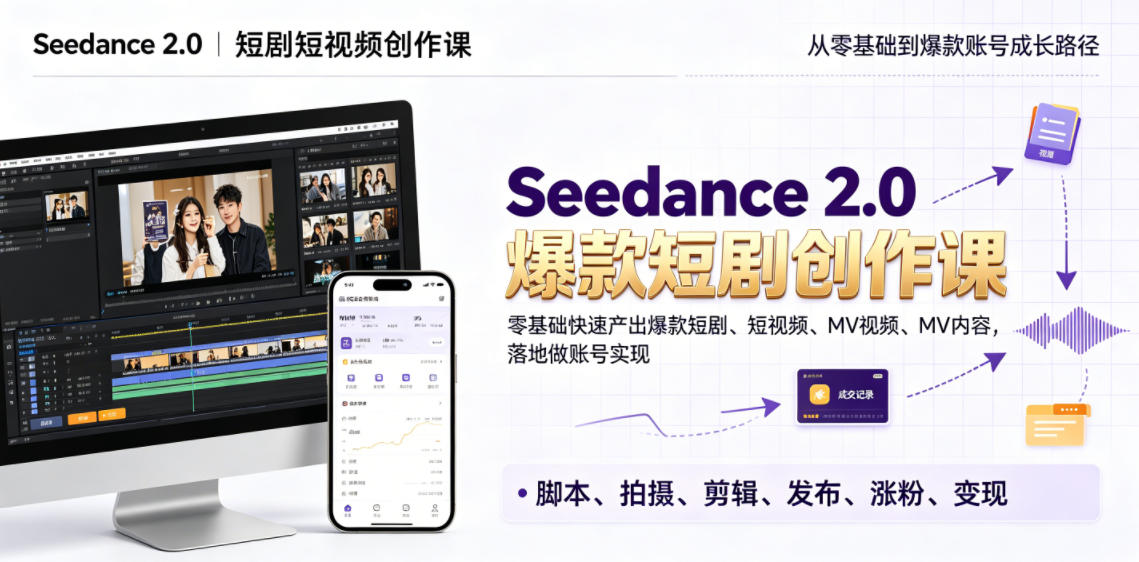 Seedance 2.0短剧短视频创作课，零基础快速产出爆款短剧、短视频、MV内容，落地做账号实现变现-时光云网创