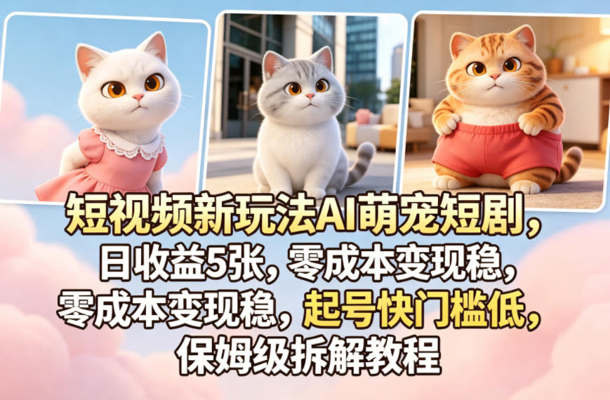 短视频新玩法AI萌宠短剧，日收益5张，零成本变现稳，起号快门槛低，保姆级拆解教程-时光云网创