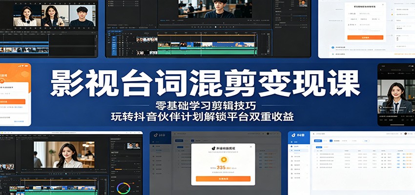 影视台词混剪变现课：零基础学习剪辑技巧，玩转抖音伙伴计划解锁平台双重收益-时光云网创