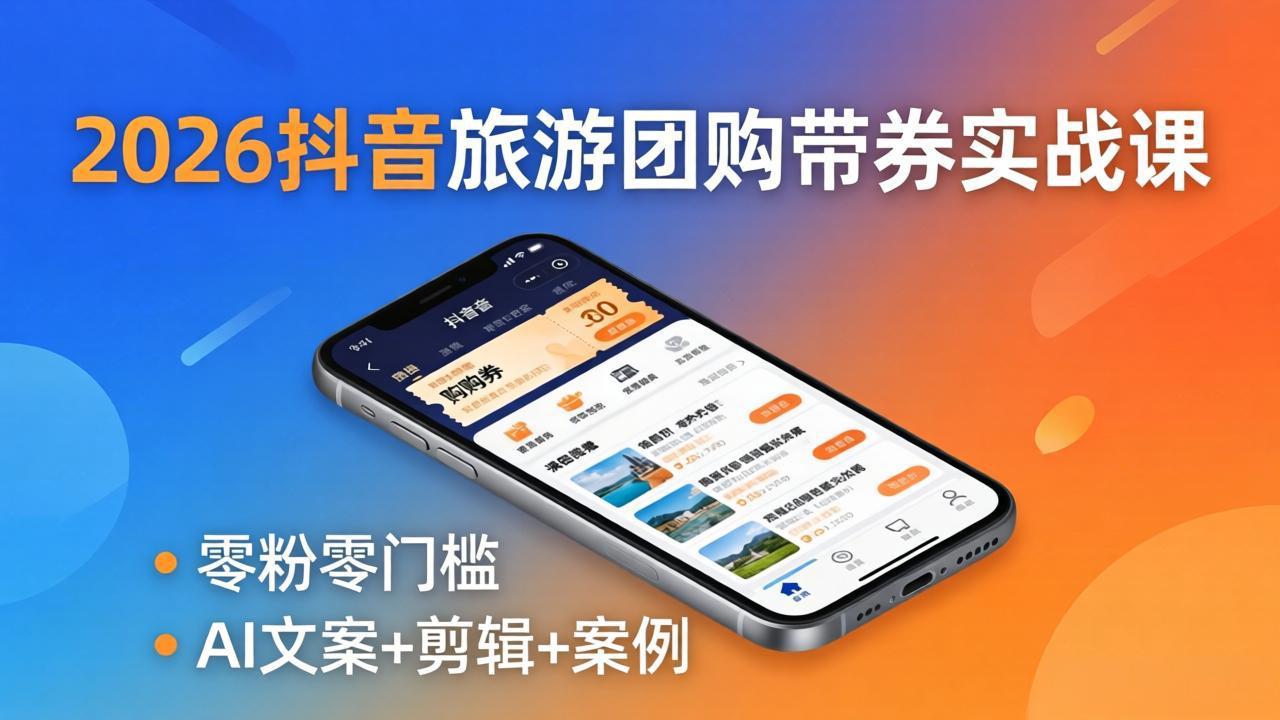 2026抖音旅游团购带券实战课：零粉零门槛，AI文案+剪辑+案例，躺着赚门票佣金-时光云网创