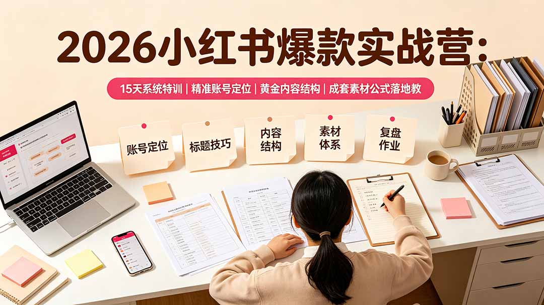 2026小红书爆款实战营：15天系统特训｜精准账号定位｜黄金内容结构｜成套素材公式落地教程-时光云网创