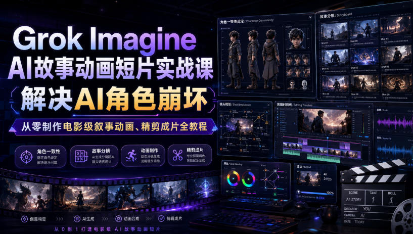Grok Imagine AI故事动画短片实战课｜解决AI角色崩坏，从零制作电影级叙事动画、精剪成片全教程(中英字幕)-时光云网创