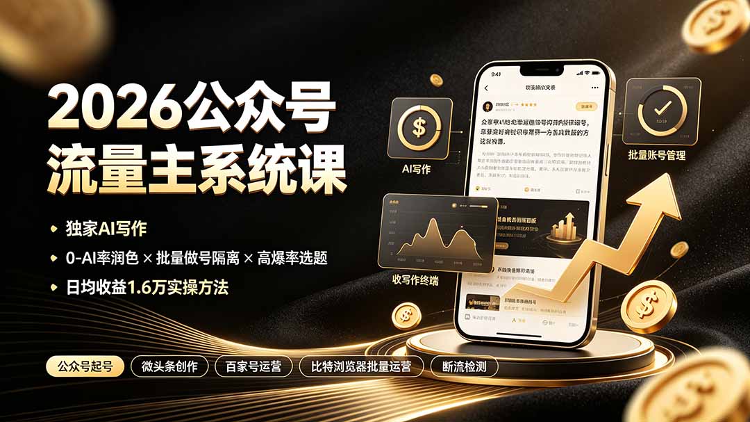 2026公众号流量主系统课：独家AI写作×0-AI率润色×批量做号隔离×高爆率选题，日均收益1.6万实操方法-时光云网创