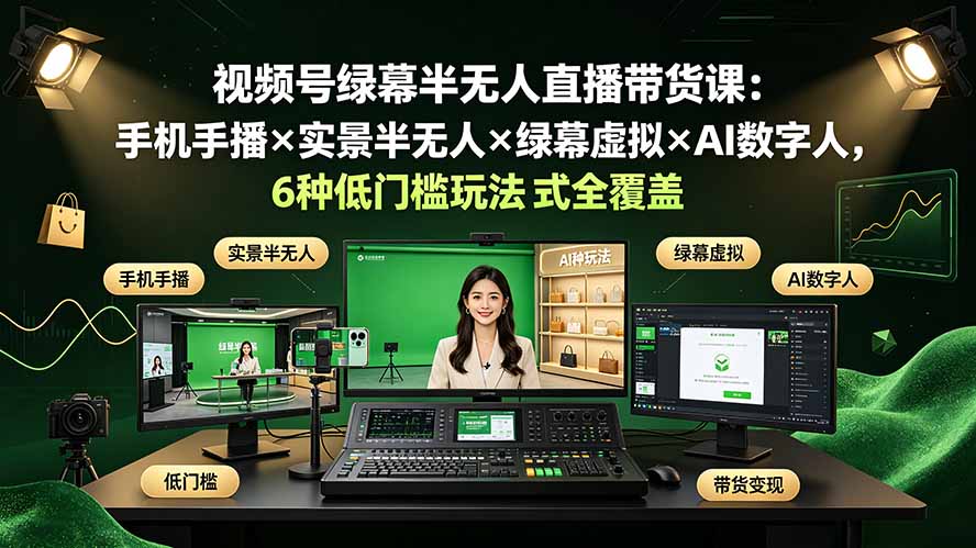 视频号绿幕半无人直播带货课：手机手播×实景半无人×绿幕虚拟×AI数字人，6种低门槛玩法全覆盖-时光云网创
