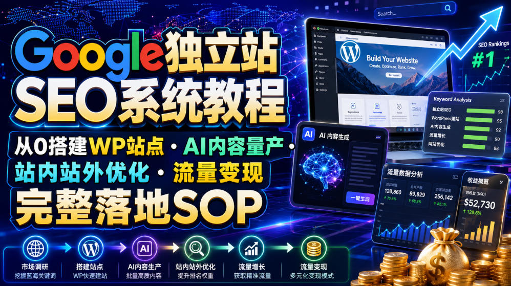 Google独立站SEO系统教程，从0搭建WP站点・AI内容量产・站内站外优化・流量变现完整落地SOP(2026年7月)-时光云网创