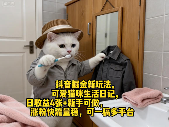 抖音掘金新玩法，可爱猫咪生活日记，日收益4张+新手可做，涨粉快流量稳，可一稿多平台-时光云网创
