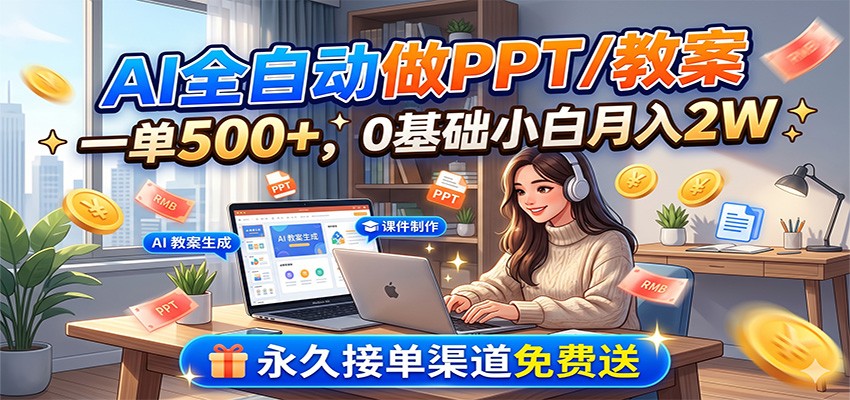 AI全自动做PPT/教案，一单500+，0基础小白月入2W，永久接单渠道免费送-时光云网创