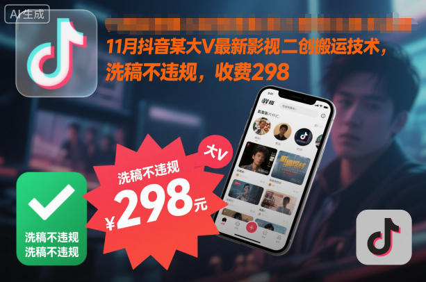 11月抖音某大V最新影视二创搬运技术,洗稿不违规,收费298-时光云网创