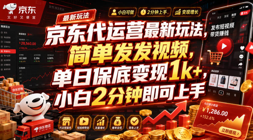 京东代运营最新玩法，简单发发视频，单日保底变现1k+，小白2分钟即可上手【揭秘】-时光云网创