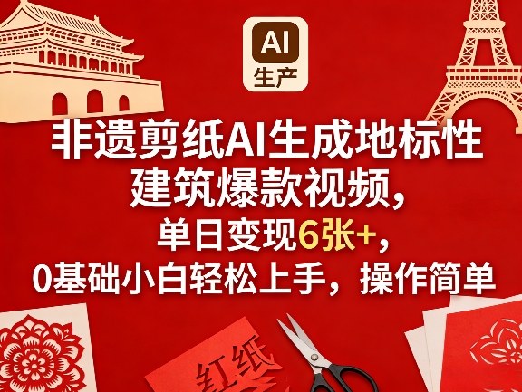 非遗剪纸AI生成地标性建筑爆款视频，单日变现6张+，0基础小白轻松上手，操作简单-时光云网创