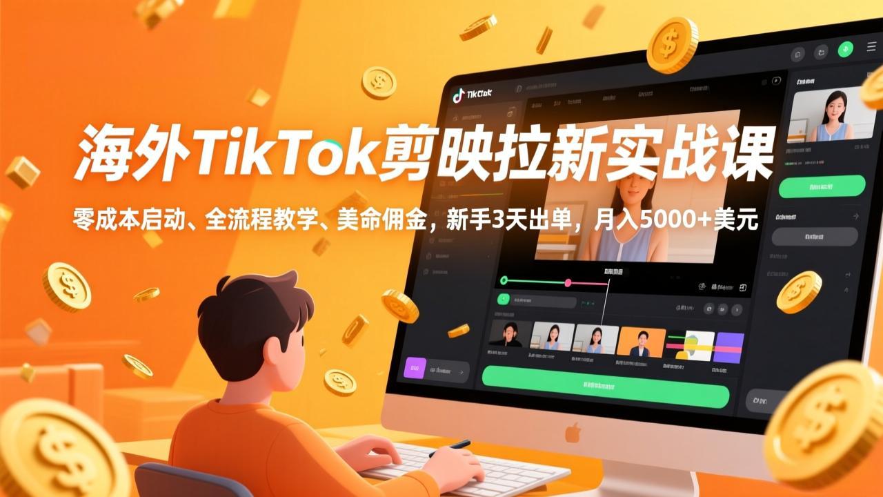 海外TikTok剪映拉新实战课，零成本启动、全流程教学、美金佣金，新手3天出单，月入5000+美元-时光云网创
