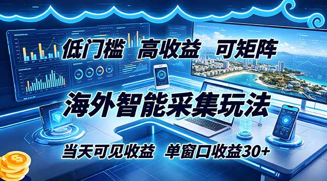 海外智能采集玩法，低门槛高单价可矩阵，当天可见收益，单窗口30+-时光云网创