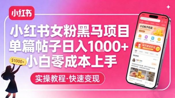 小红书女粉黑马项目，单篇帖子日入1k+，小白零成本上手-时光云网创