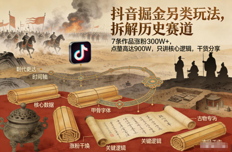 抖音掘金另类玩法，拆解历史赛道，7条作品涨粉300W+，点赞量高达900W，只讲核心逻辑，干货分享-时光云网创