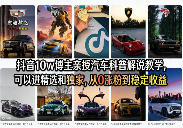 抖音10w博主亲授汽车科普解说教学，可以进精选和独家，从0涨粉到稳定收益(详细视频课程+1T素材)-时光云网创