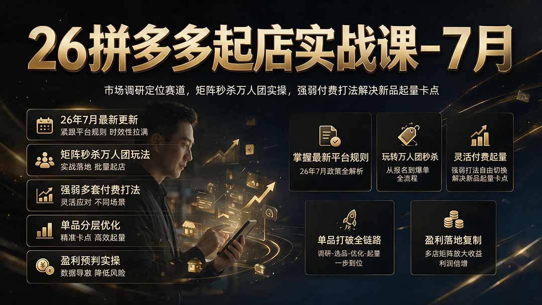26拼多多起店实战课-7月｜市场调研定位赛道，矩阵秒杀万人团实操，强弱付费打法解决新品起量卡点-时光云网创