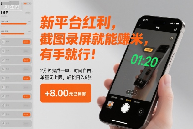 新平台红利，截图录屏就能賺米，有手就行！2分钟完成一单，时间自由，单量无上限，轻松日入5张【揭秘】-时光云网创