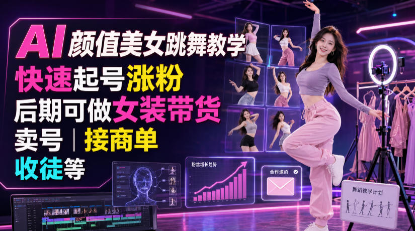 AI颜值美女跳舞教学，快速起号涨粉，后期可做女装带货，卖号，接商单，收徒等-时光云网创