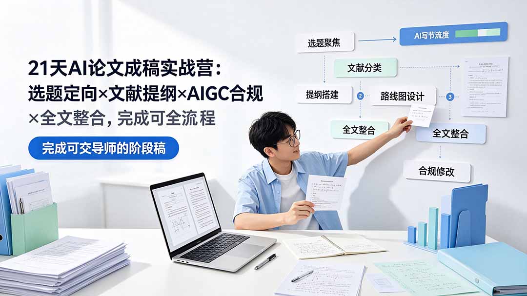 21天AI论文成稿实战营：选题定向×文献提纲×AIGC合规×全文整合，完成可交导师的阶段稿-时光云网创