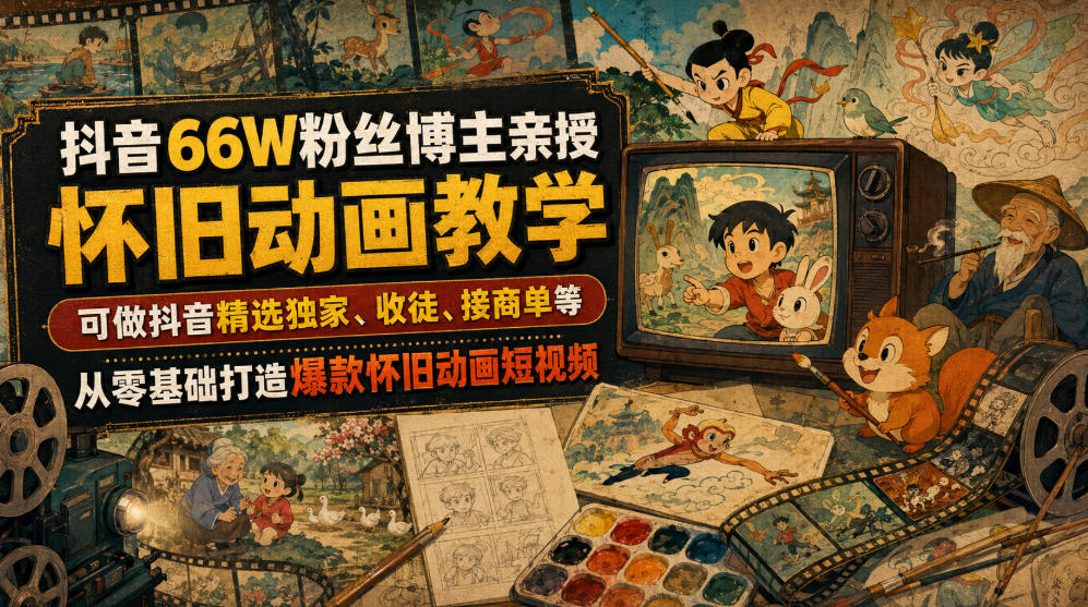 抖音66W粉丝博主亲授怀旧动画教学，可做抖音精选独家、收徒、接商单等，从零基础打造爆款怀旧动画短视频-时光云网创