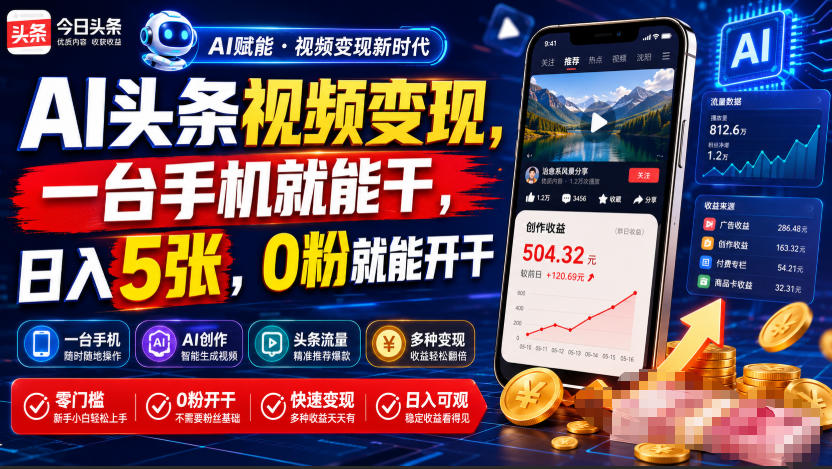 AI头条视频变现，一台手机就能干，日入5张，0粉就能开干-时光云网创