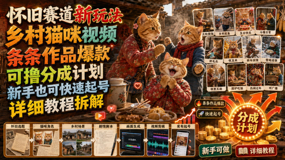 怀旧赛道新玩法，乡村猫咪视频，条条作品爆款，可撸分成计划，新手也可快速起号，详细教程拆解-时光云网创