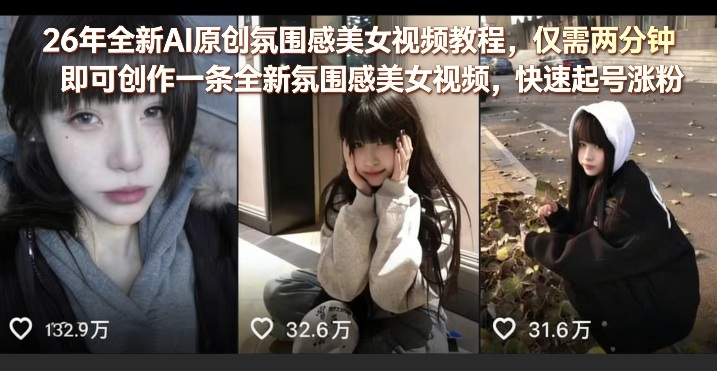 26年全新AI原创氛围感美女视频教程，仅需两分钟即可创作一条全新氛围感美女视频，快速起号涨粉-时光云网创