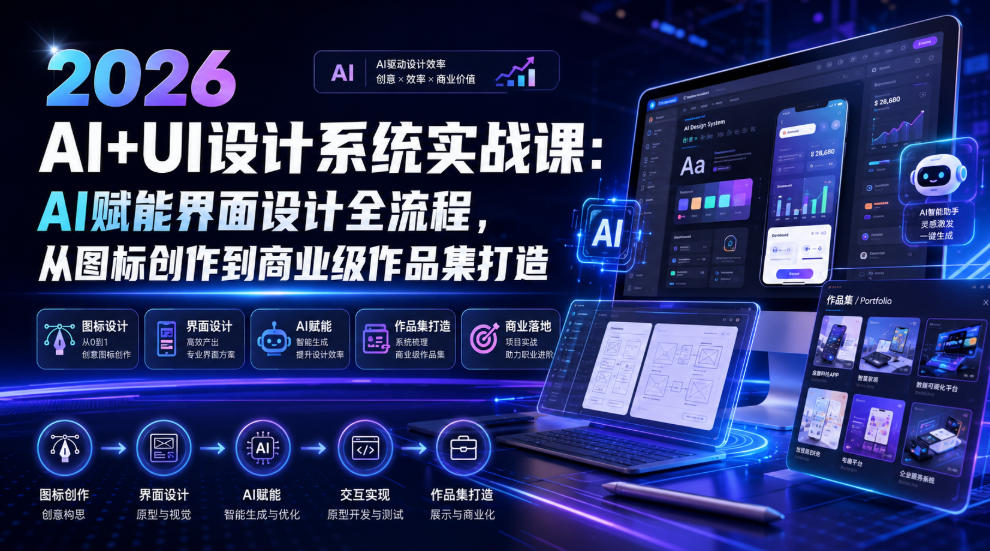 2026 AI+UI设计系统实战课：AI赋能界面设计全流程，从图标创作到商业级作品集打造-时光云网创